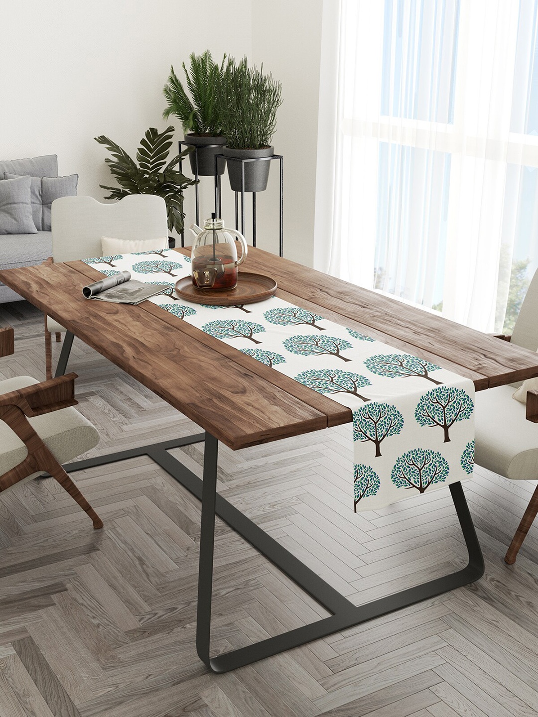 

STITCHNEST Green & White Printed Pure Cotton Table Runners