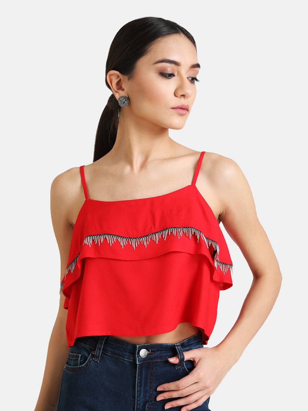 

Kazo Women Red Embellished Blouson Crop Top