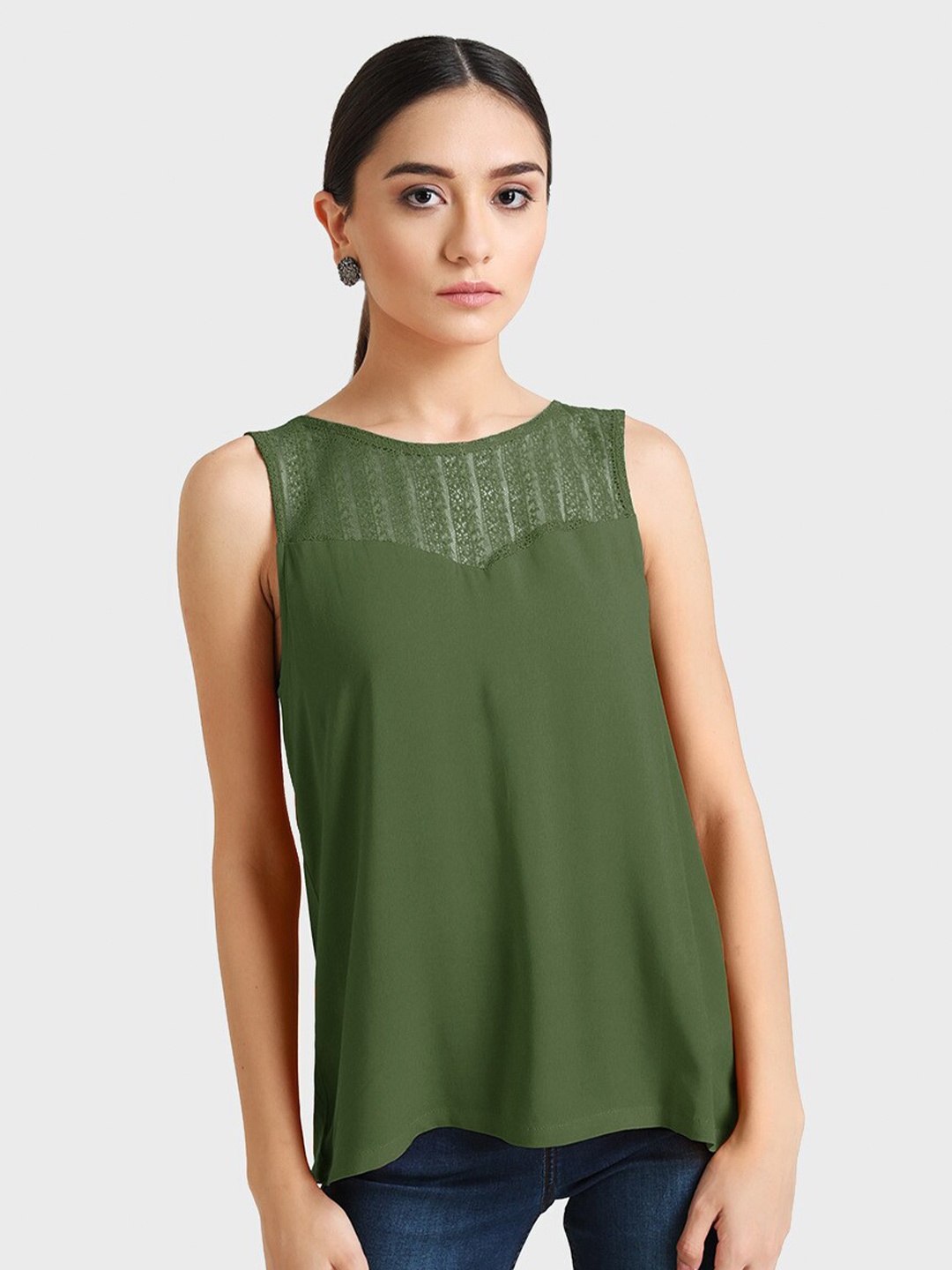 

Kazo Women Olive Green Lace Neck Top