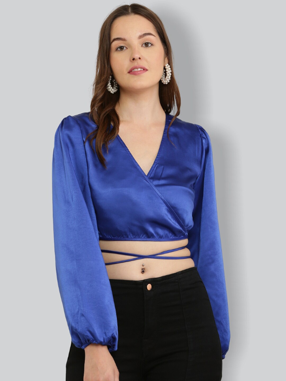 

The Label Bar Blue Satin Wrap Crop Top