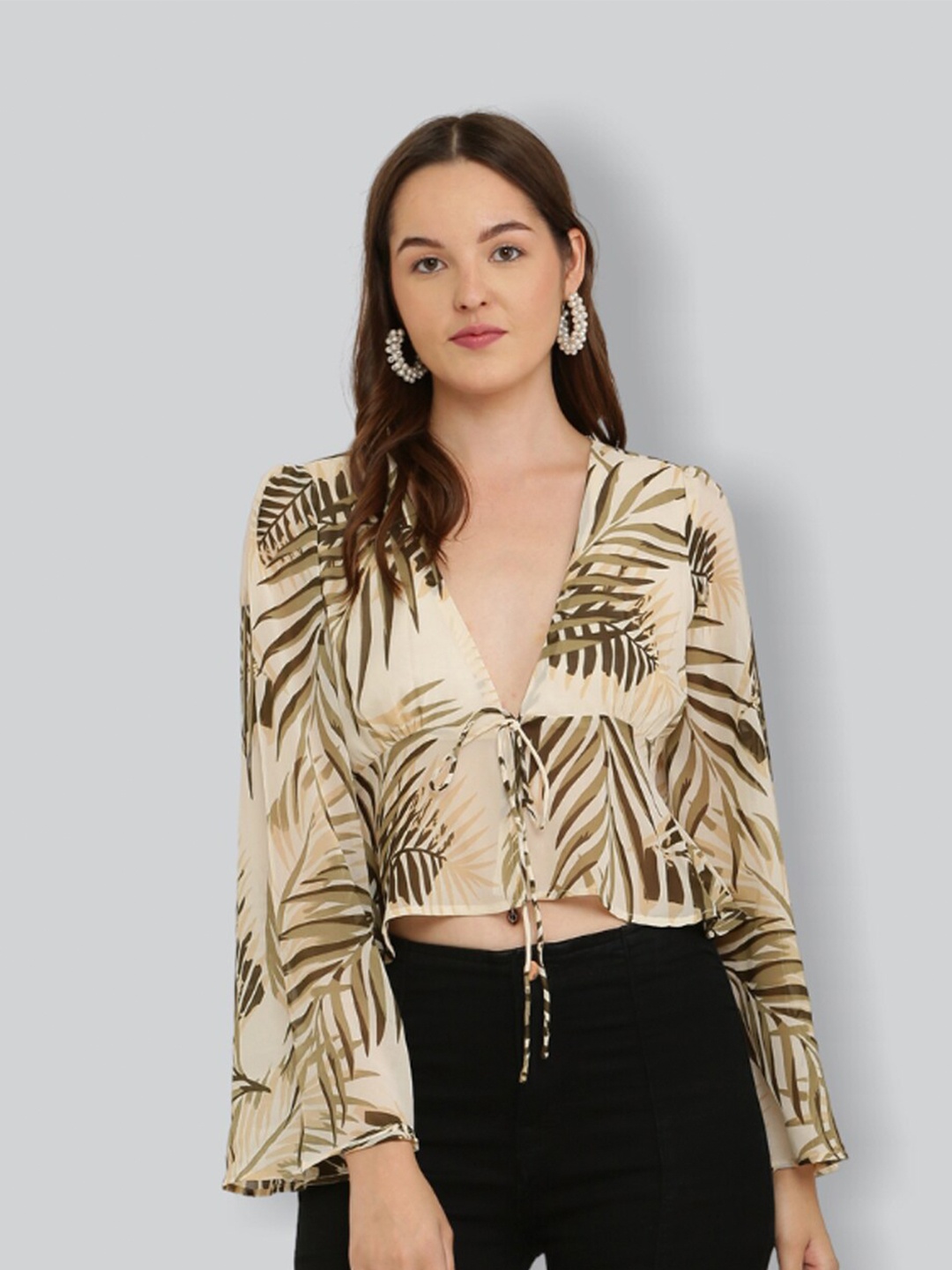

The Label Bar Women Beige & Green Tropical Print Peplum Crop Top