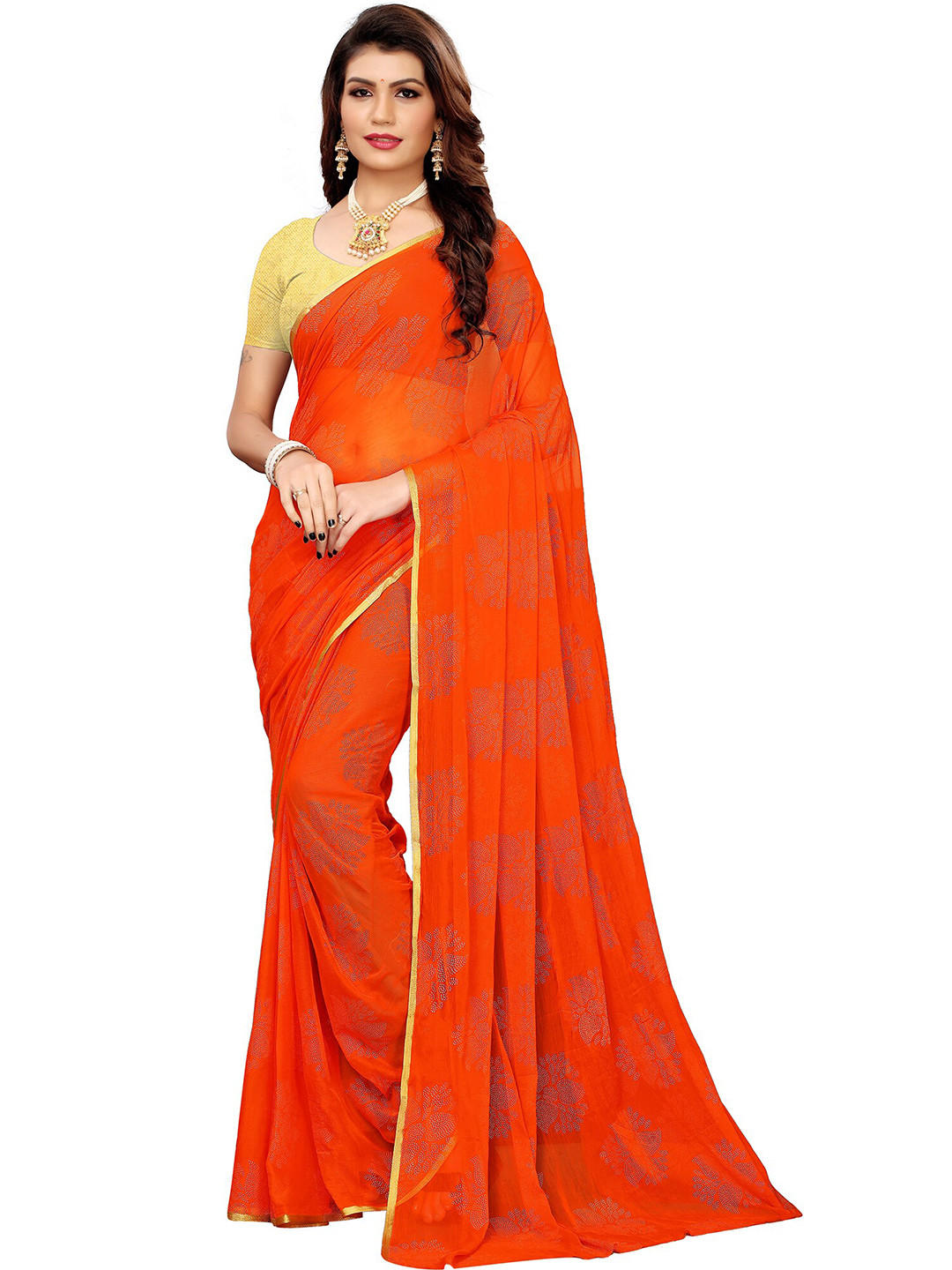 

KALINI Orange & Gold-Toned Embellished Saree