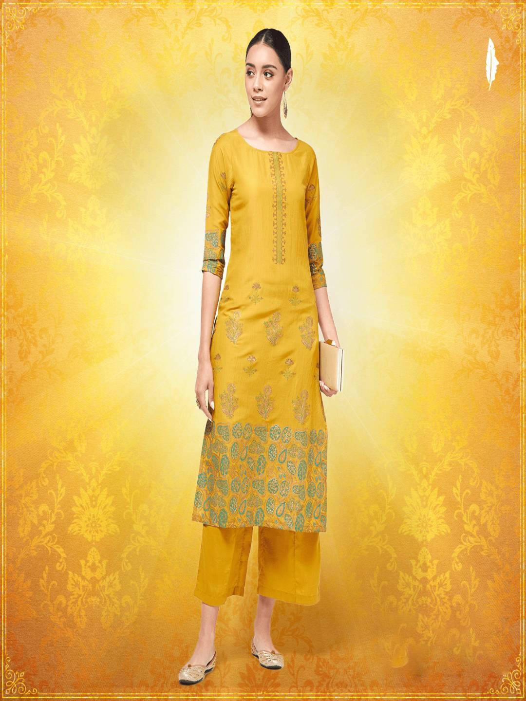 

Pannkh Women Mustard Yellow & Green Floral Printed Kurta