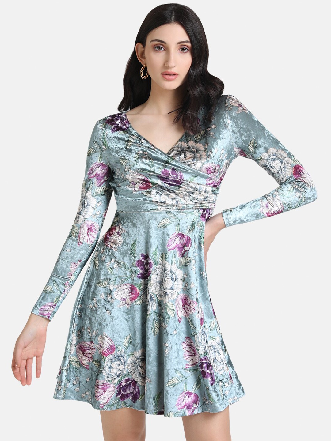 

Kazo Women Blue & Purple Floral Printed Wrap Mini Dress