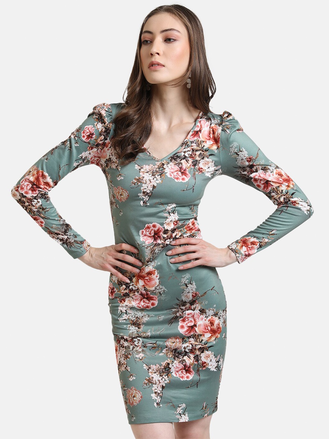 

Kazo Women Green V-Neck Floral Sheath Dress