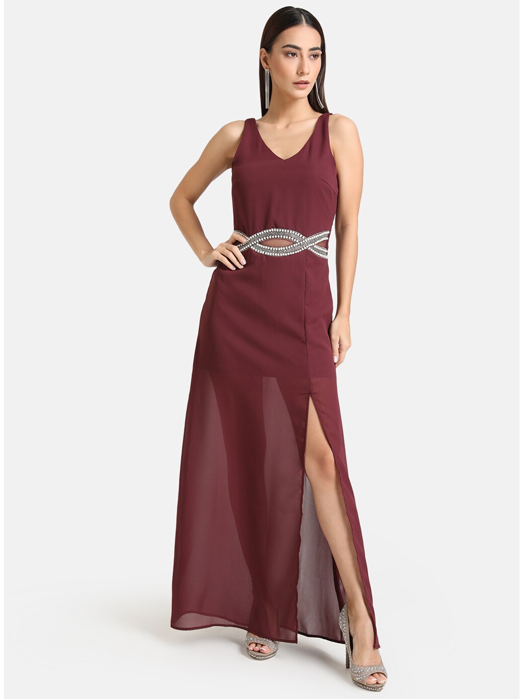 

Kazo Maroon Embellished Maxi Maxi Dress