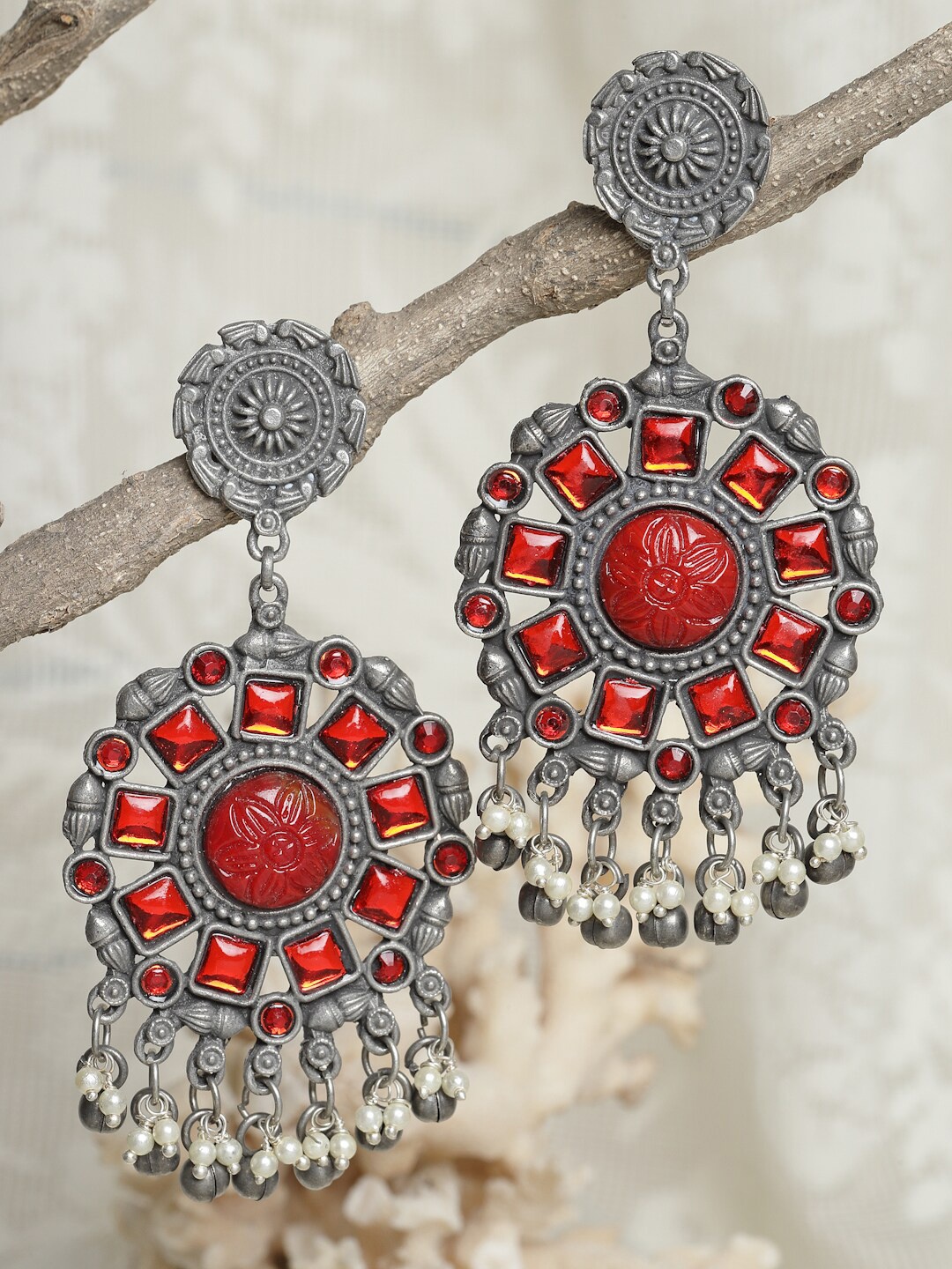 

Moedbuille Red Silver Plated Oxidised Floral Chandbalis Earrings