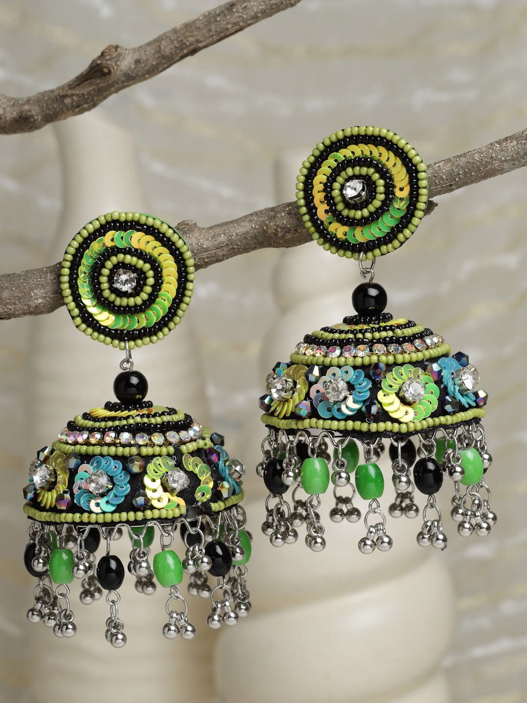 

Moedbuille Women Green & Black Beads & Sequined Silver Plated Dome Shaped Jhumkas Earrings