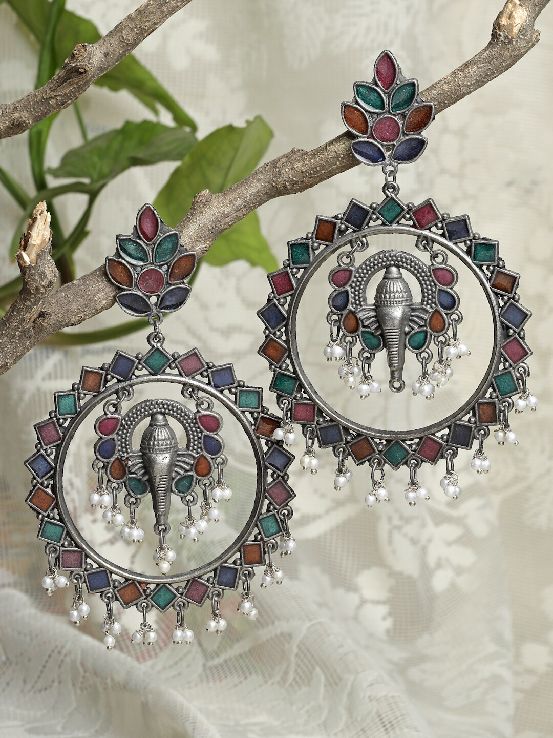 

Moedbuille Women Green & Maroon Oxidised Silver-Plated Crescent Shaped Chandbalis Earrings