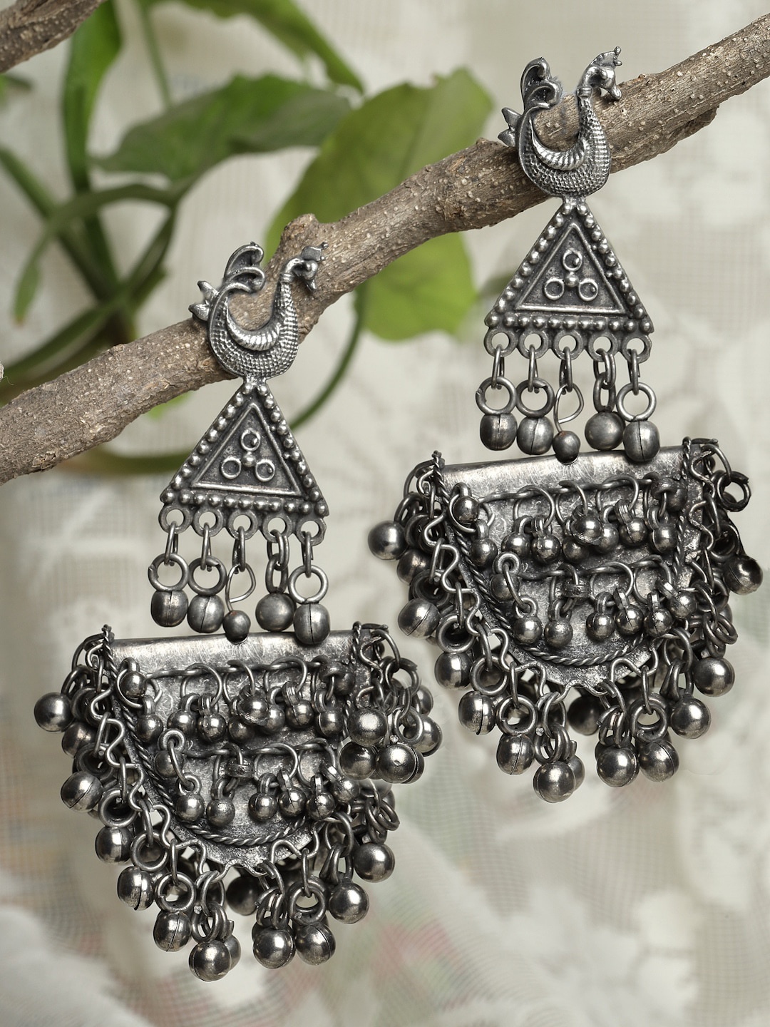 

Moedbuille Gunmetal-Toned Silver Plated Oxidised Peacock Shaped Drop Earrings, Metallic