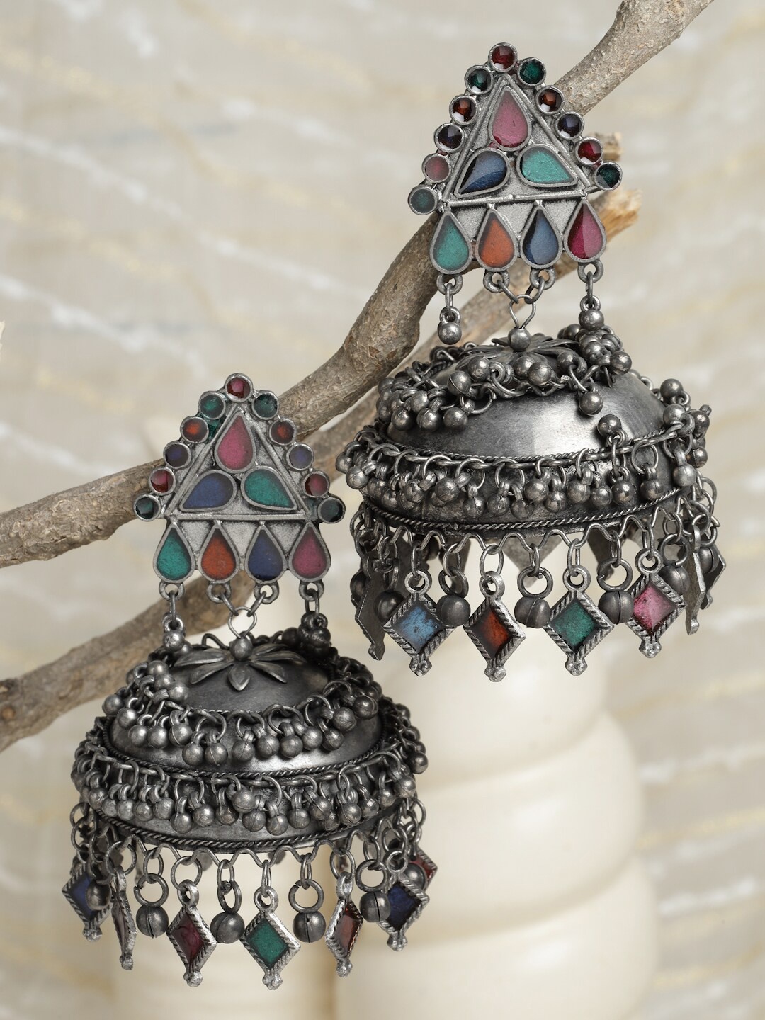 

Moedbuille Green Silver Plated Dome Shaped Jhumkas Earrings