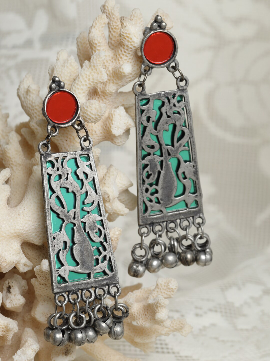 

Moedbuille Silver Plated Green & Red Contemporary Drop Earrings