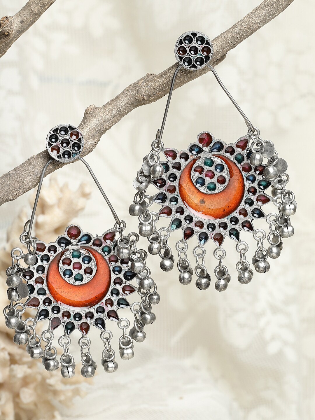 

Moedbuille Women Silver Plated Oxidised Orange Crescent Shaped Chandbalis Earrings