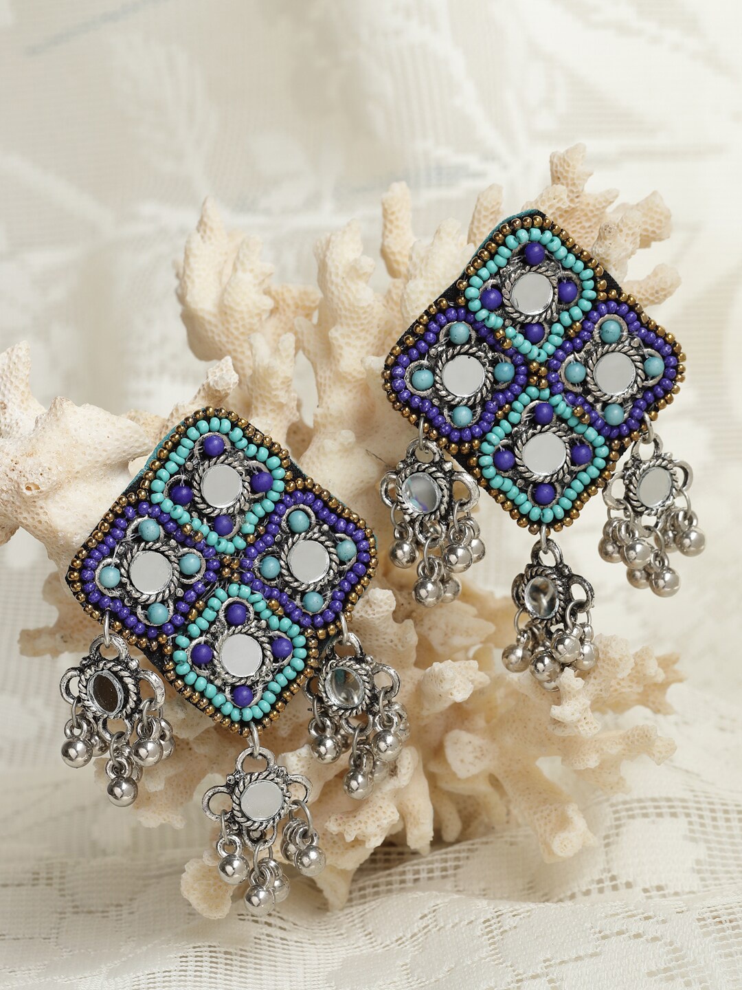 

Moedbuille Turquoise Blue Beads & Mirrors Studded Drop Earrings