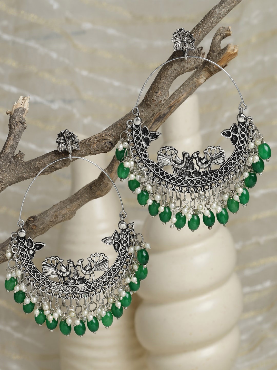 

Moedbuille Women Silver-Toned & Green Crescent Shaped Chandbalis Earrings