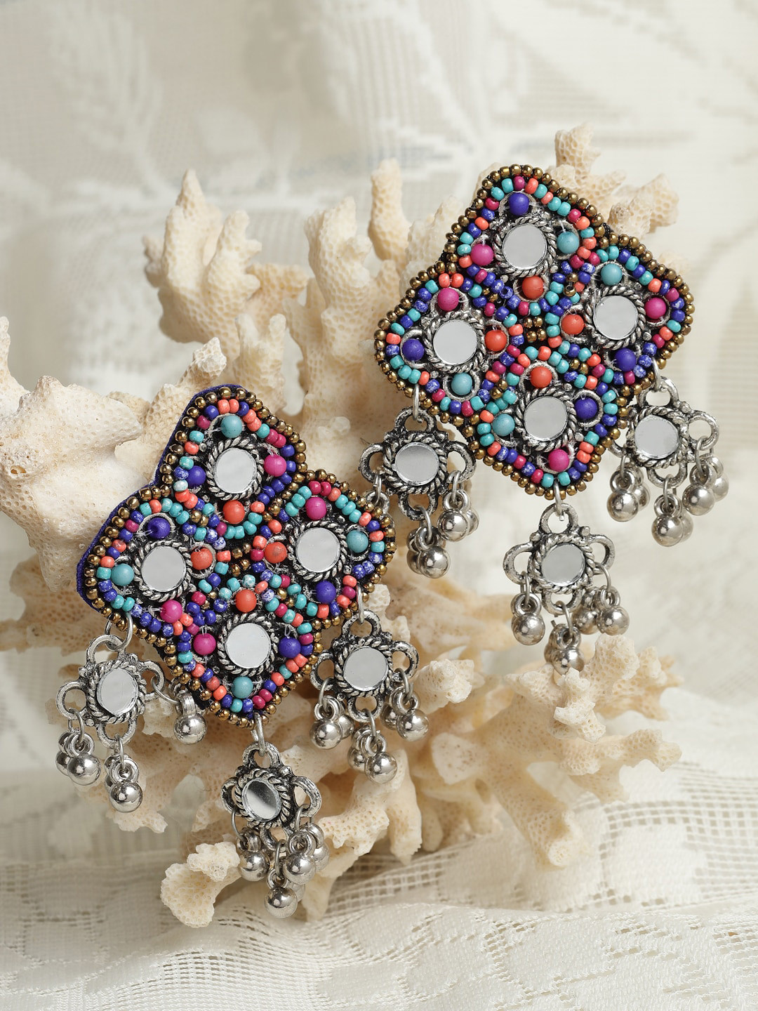

Moedbuille Silver-Plated Blue & Orange Beads & Mirrors Studded Drop Earrings