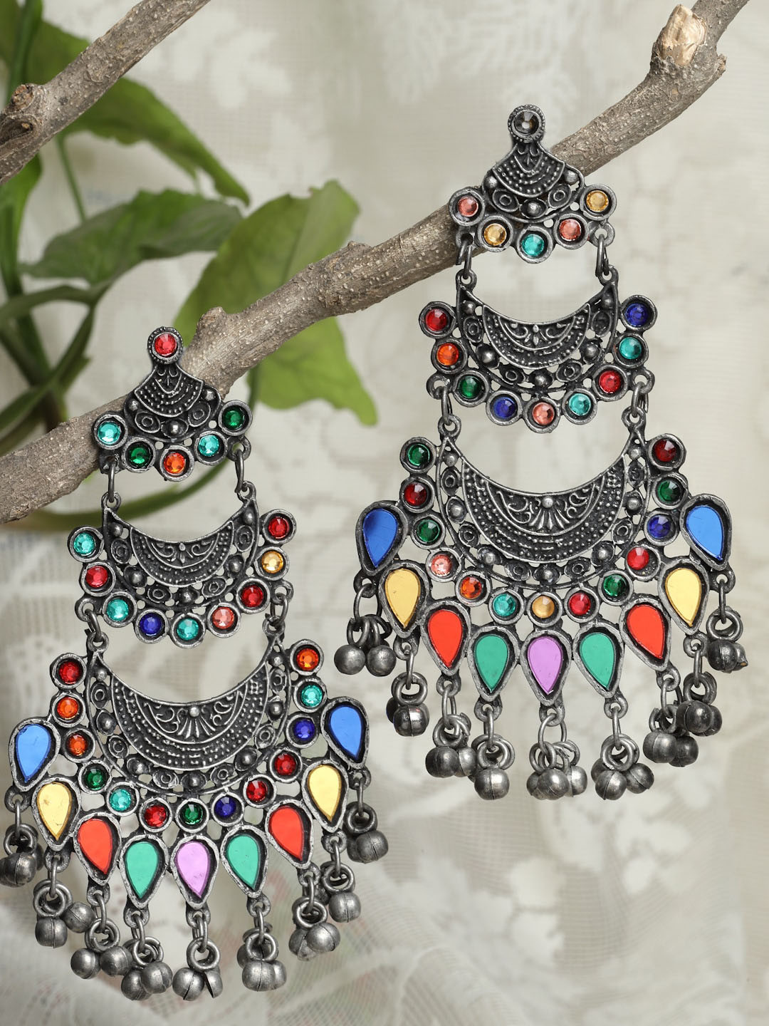 

Moedbuille Silver Plated & Red Crescent Shaped Chandbalis Earrings