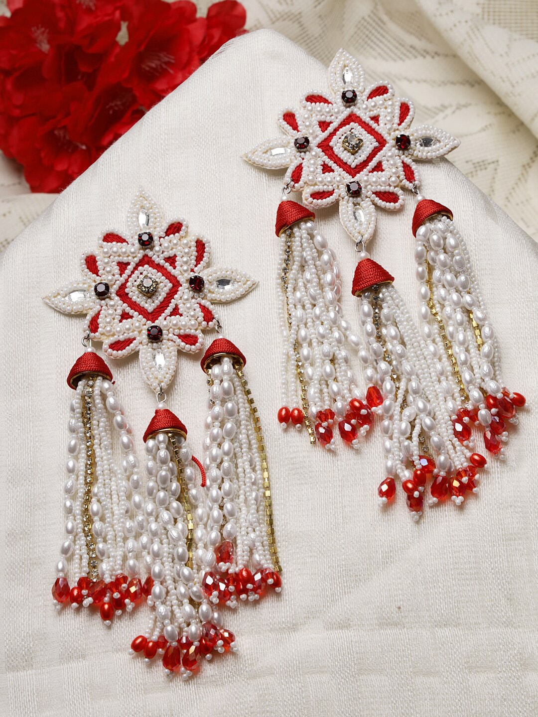 

Moedbuille White & Red CZ & Crystals Studded Contemporary Drop Earrings