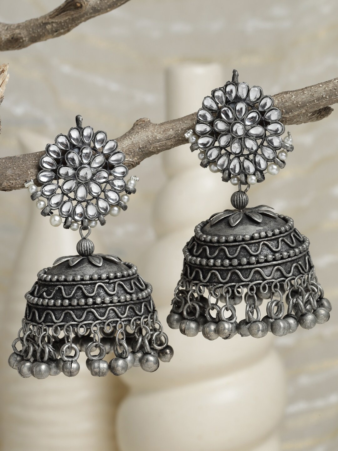 

Moedbuille Silver-Plated Dome Shaped Jhumkas Earrings, Metallic