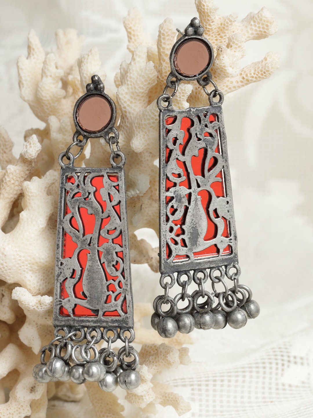 

Moedbuille Red Silver Plated Oxidised Contemporary Drop Earrings