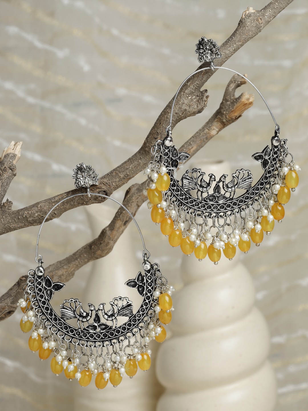 

Moedbuille Women Yellow Pearls Silver-Plated Crescent Shaped Chandbalis Earrings