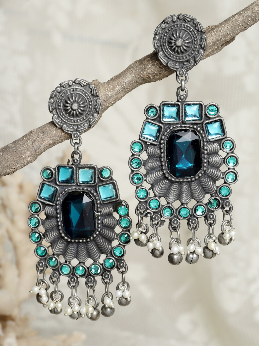 

Moedbuille Silver-Plated & Teal Oxidised Contemporary Drop Earrings