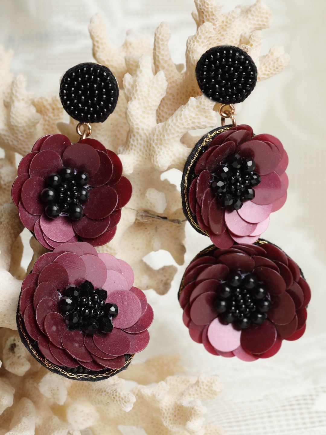 

Moedbuille Burgundy & Black Floral Drop Earrings