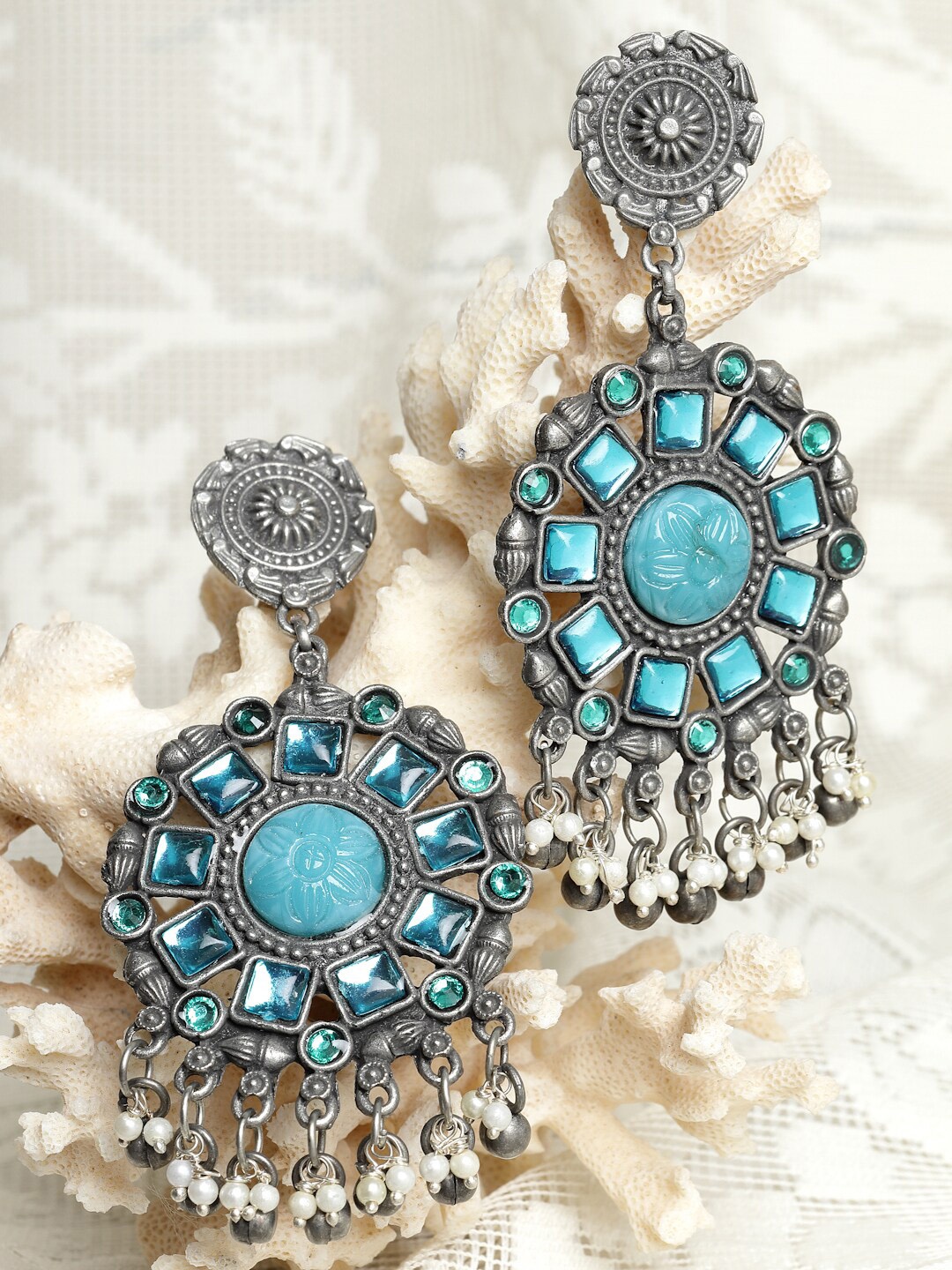 

Moedbuille Turquoise Blue & Silver-Plated Circular Drop Earrings