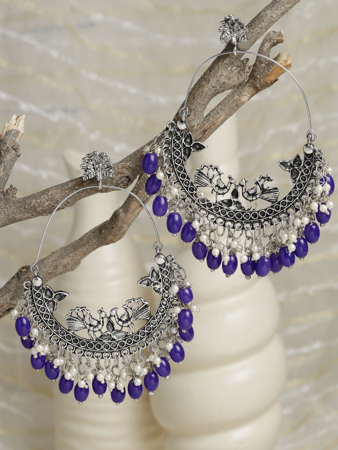 

Moedbuille Women Blue Silver Plated Crescent Shaped Hoop Earrings