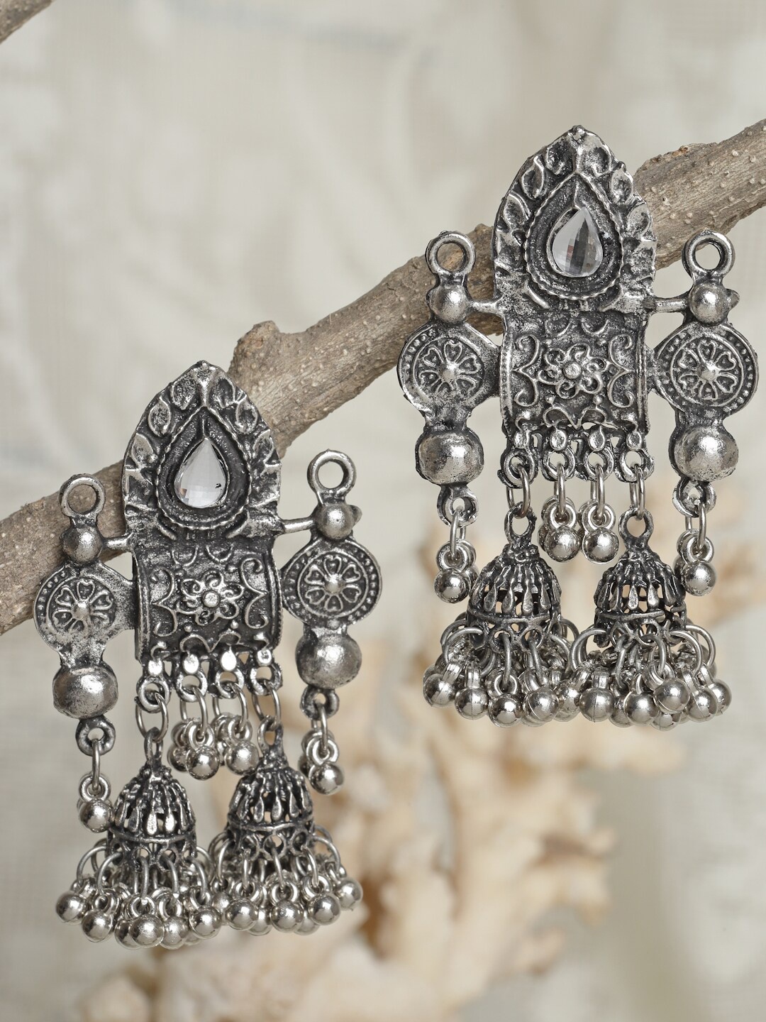 

Moedbuille Silver-Toned Crystals Studded Tassel Design Oxidized Silver Plated Jhumkas