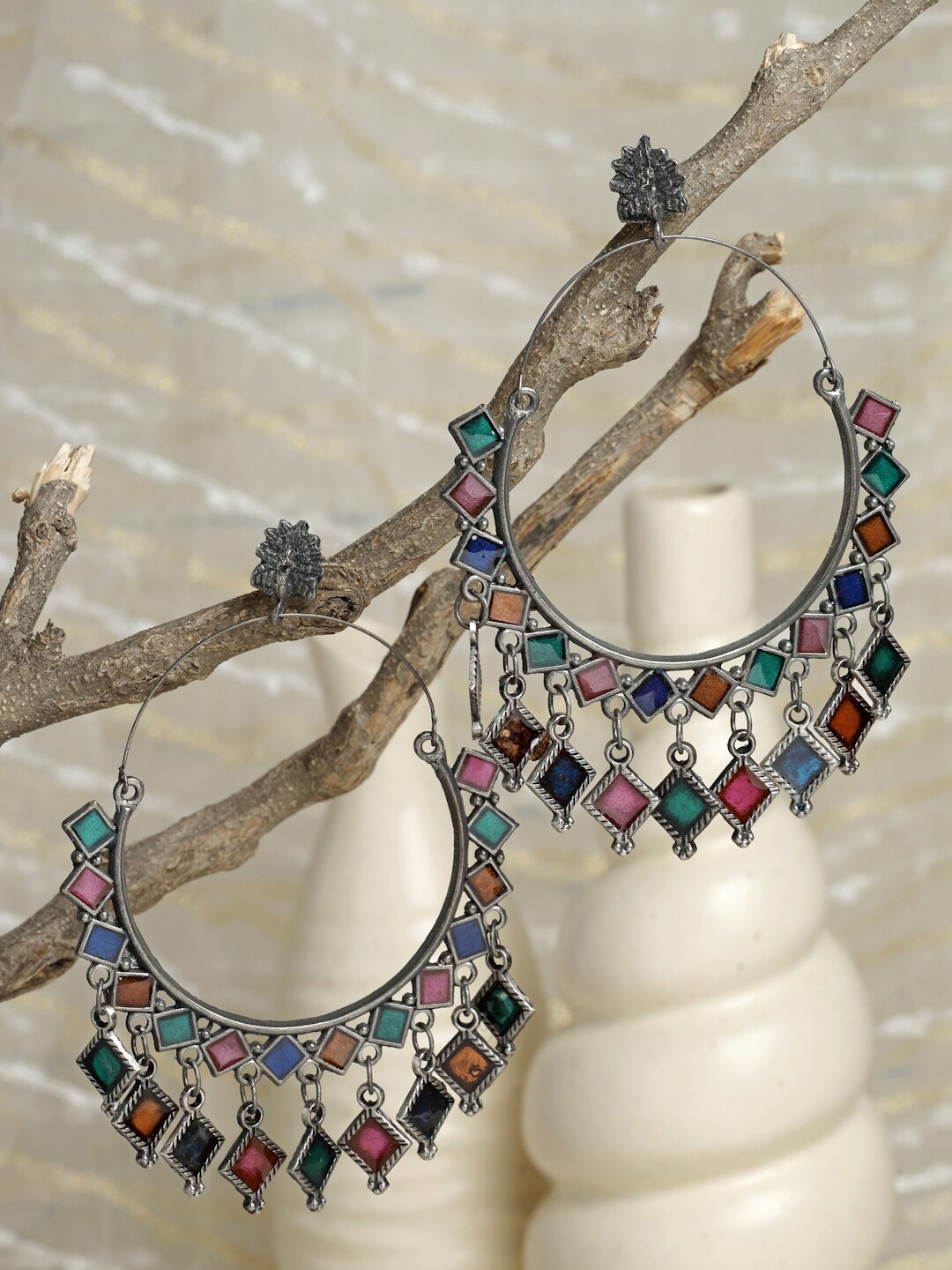 

Moedbuille Silver-Plated & Blue Crescent Shaped Chandbalis Earrings