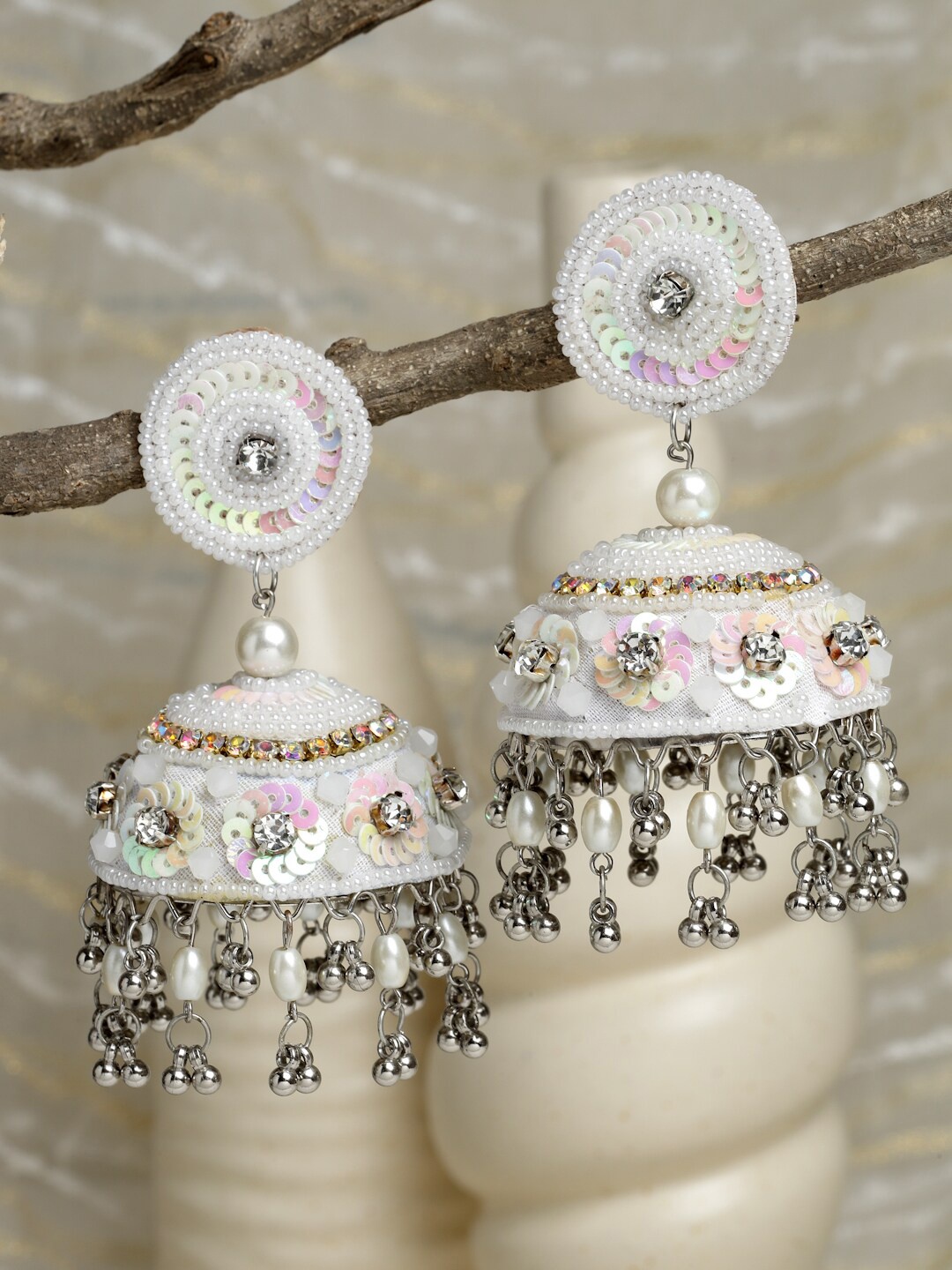 

Moedbuille Women Off White Beads & Sequined Silver Plated Dome Shaped Jhumkas Earrings