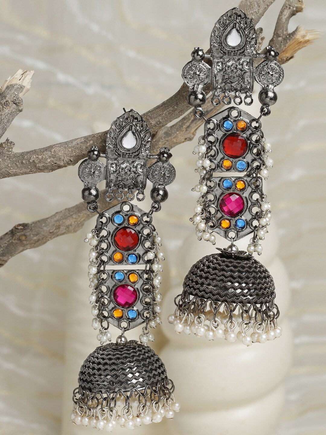 

Moedbuille Multicoloured Oxidised Dome Shaped Jhumkas Earrings, Multi