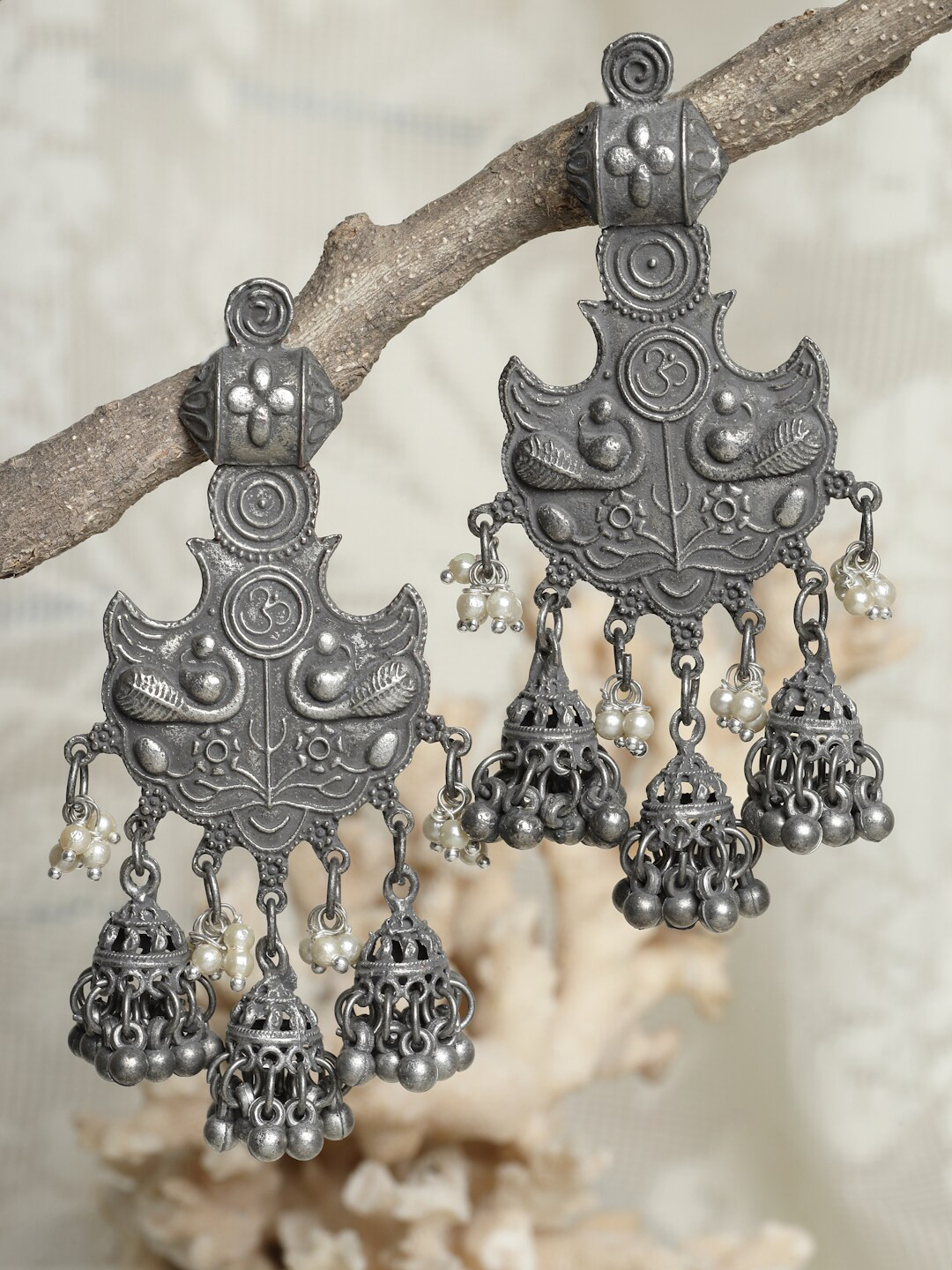 

Moedbuille Metallic & White Silver-Plated Peacock Shaped Drop Earrings