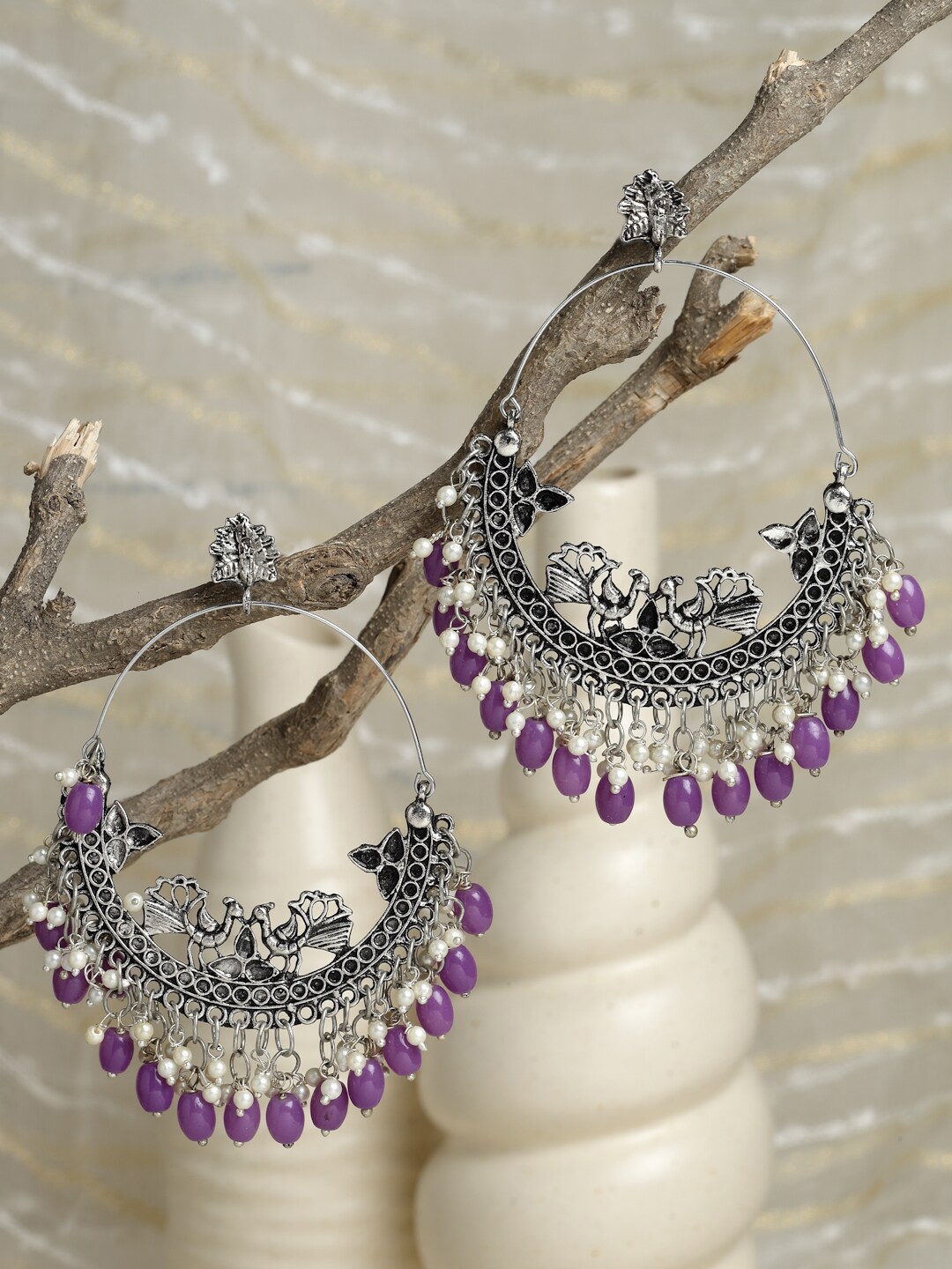 

Moedbuille Lavender Silver Plated Oxidised Crescent Shaped Chandbalis Earrings