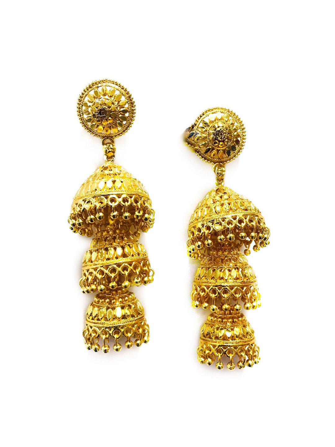 

MORKANTH JEWELLERY Women Gold-Plated Contemporary Three Layer Jhumka Earrings