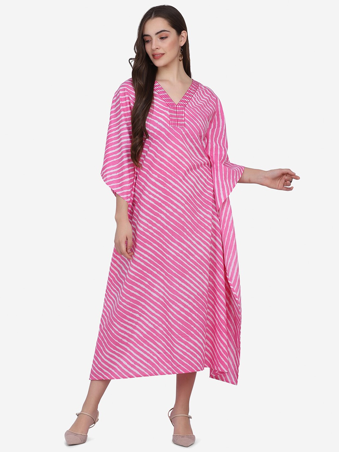 

Saanjh Women Pink Leheriya Printed Cotton Kaftan Midi Dress