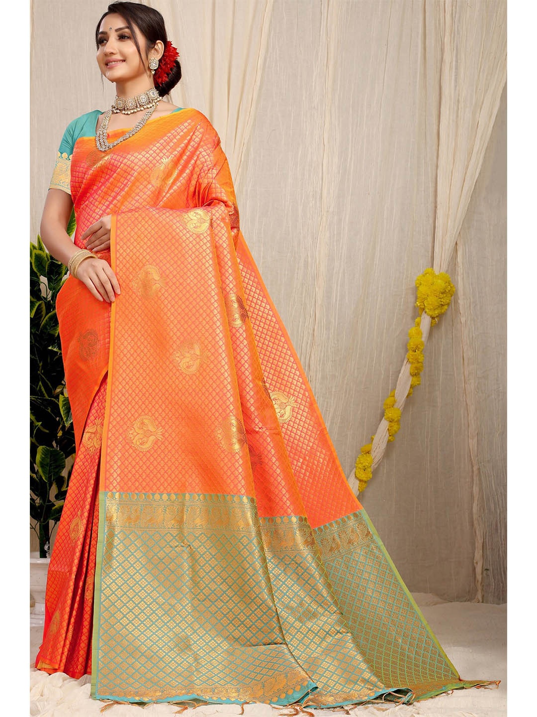 

Anaita Orange & Turquoise Blue Woven Design Zari Pure Silk Banarasi Saree