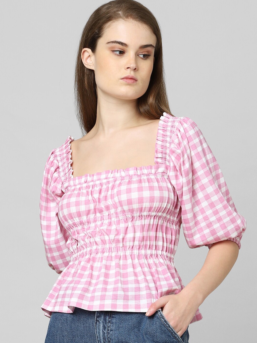 

ONLY Pink Checked Peplum Top