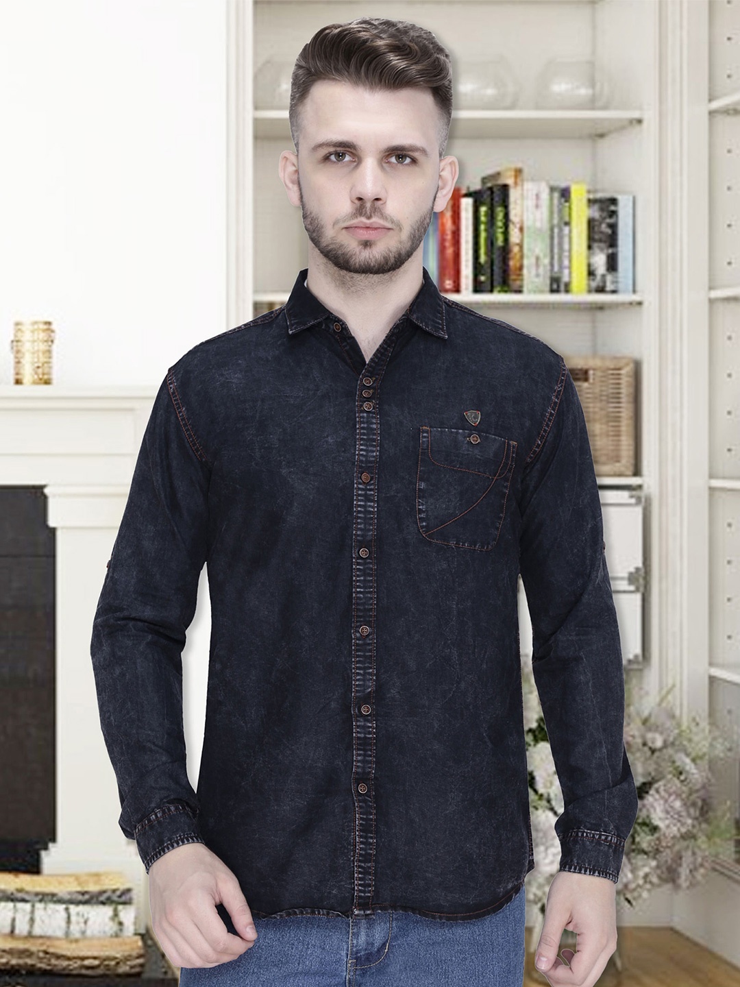 Kuons Avenue Men Black Smart Slim Fit Faded Casual Shirt