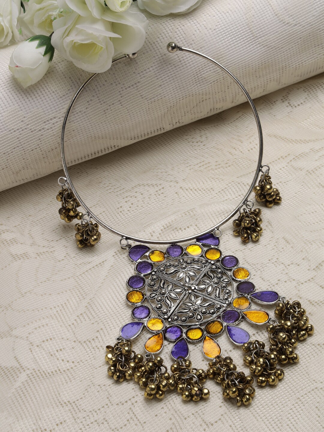 

Moedbuille Silver-Toned & Yellow Brass Silver-Plated Meenakari Necklace