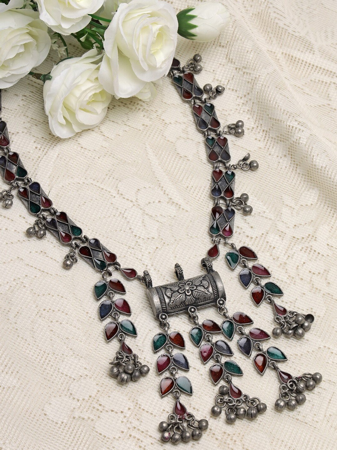 

Moedbuille Silver-Toned & Blue Brass Silver-Plated Meenakari Necklace