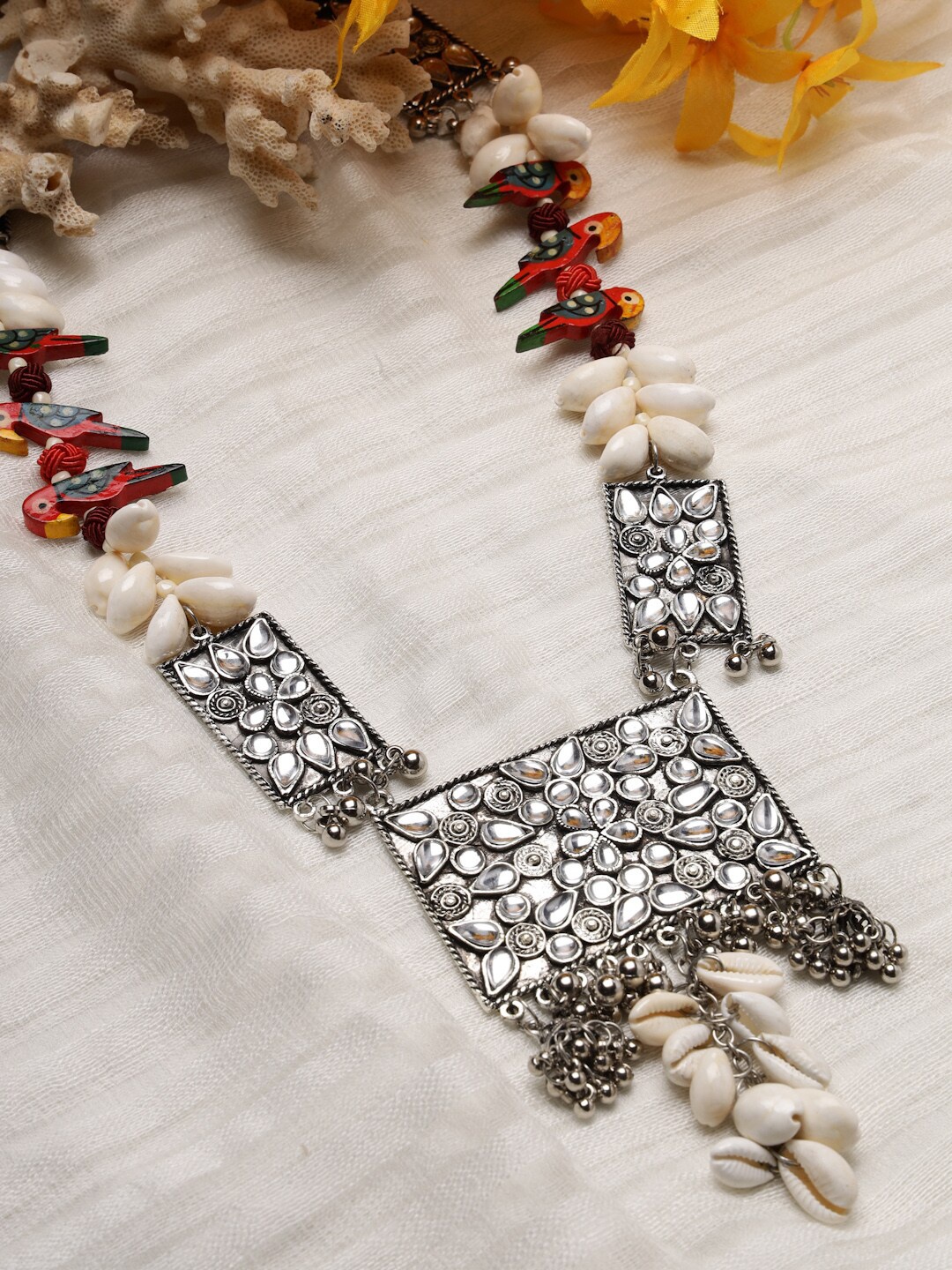 

Moedbuille Silver-Toned & Red Brass Silver-Plated Meenakari Necklace