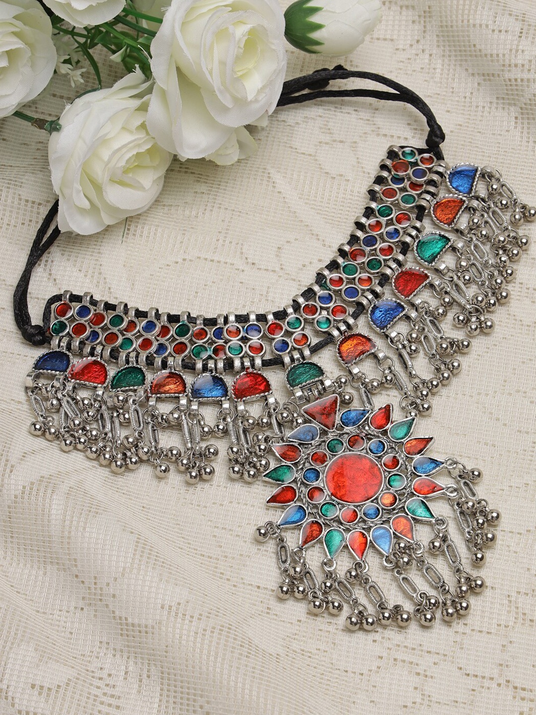 

Moedbuille Silver-Toned & Red Brass Silver-Plated Meenakari Necklace