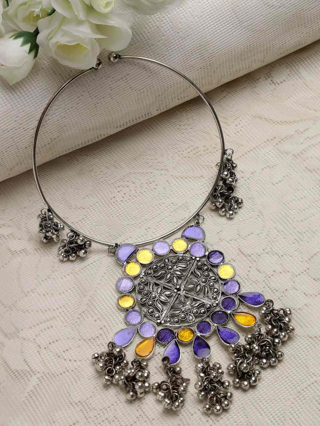 

Moedbuille Silver-Toned & Lavender Brass Silver-Plated Meenakari Necklace