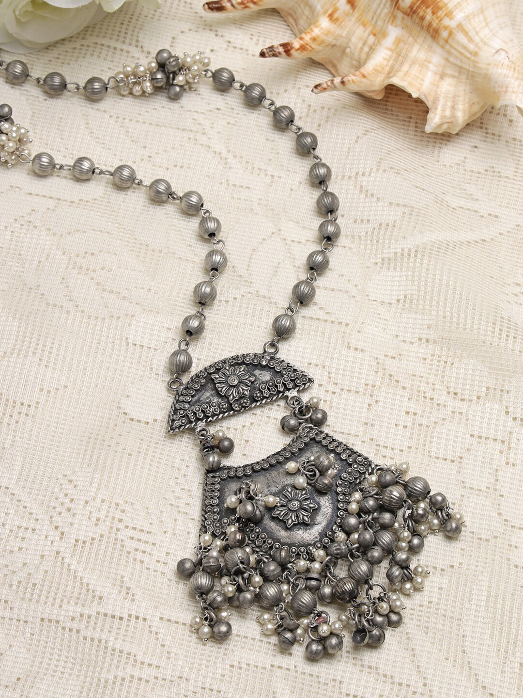 

Moedbuille Silver-Toned & Gunmetal-Toned Brass Silver-Plated Oxidised Necklace