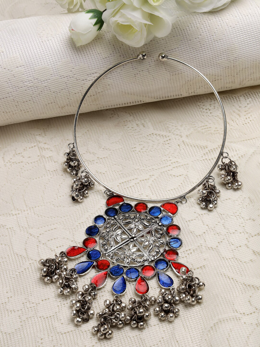 

Moedbuille Gold-Toned & Red Brass Silver-Plated Meenakari Necklace