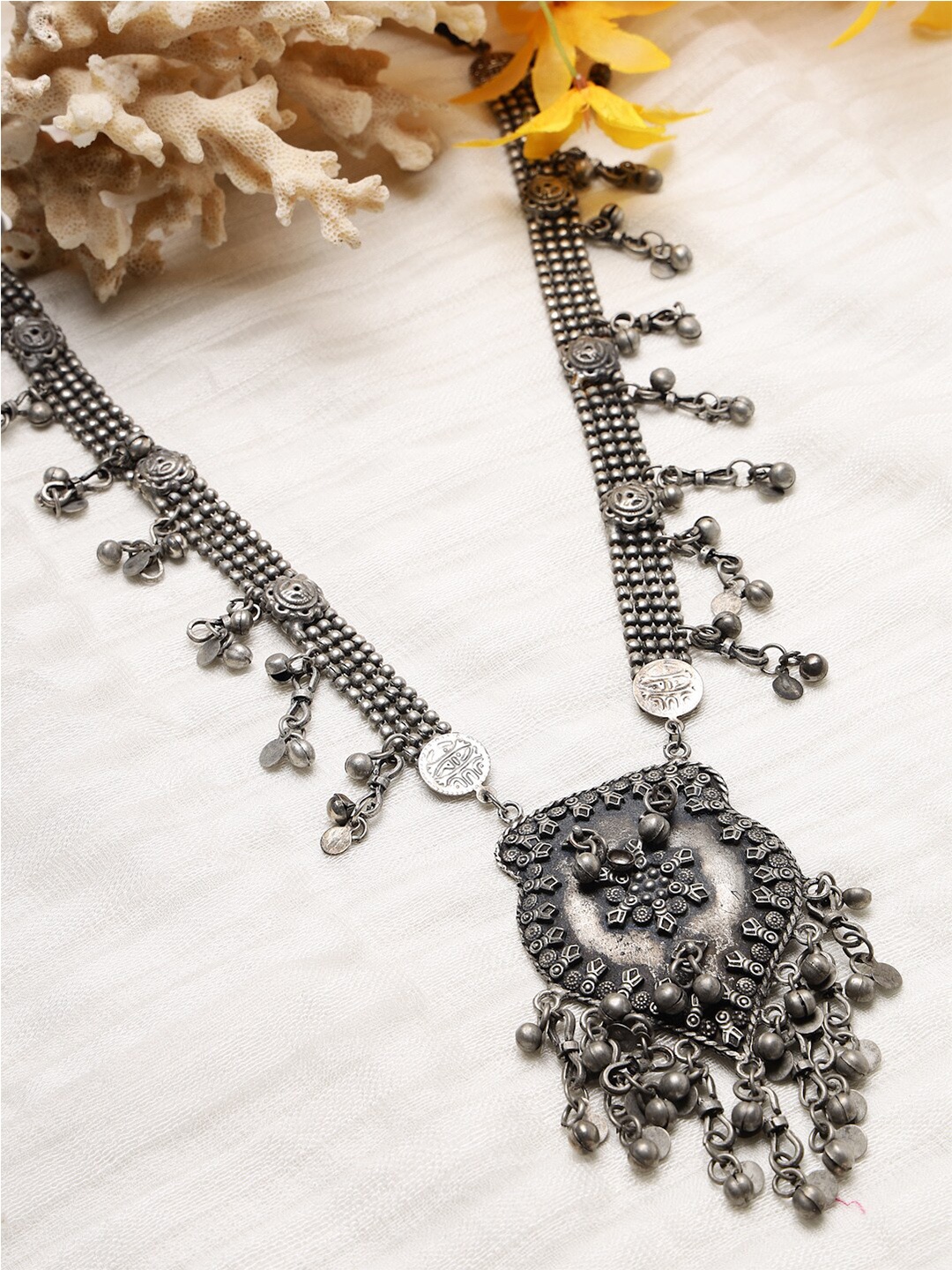 

Moedbuille Silver-Toned & Gunmetal-Toned Brass Silver-Plated Oxidised Necklace