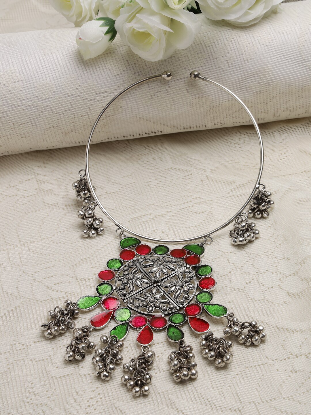 

Moedbuille Silver-Toned & Pink Brass Silver-Plated Meenakari Necklace