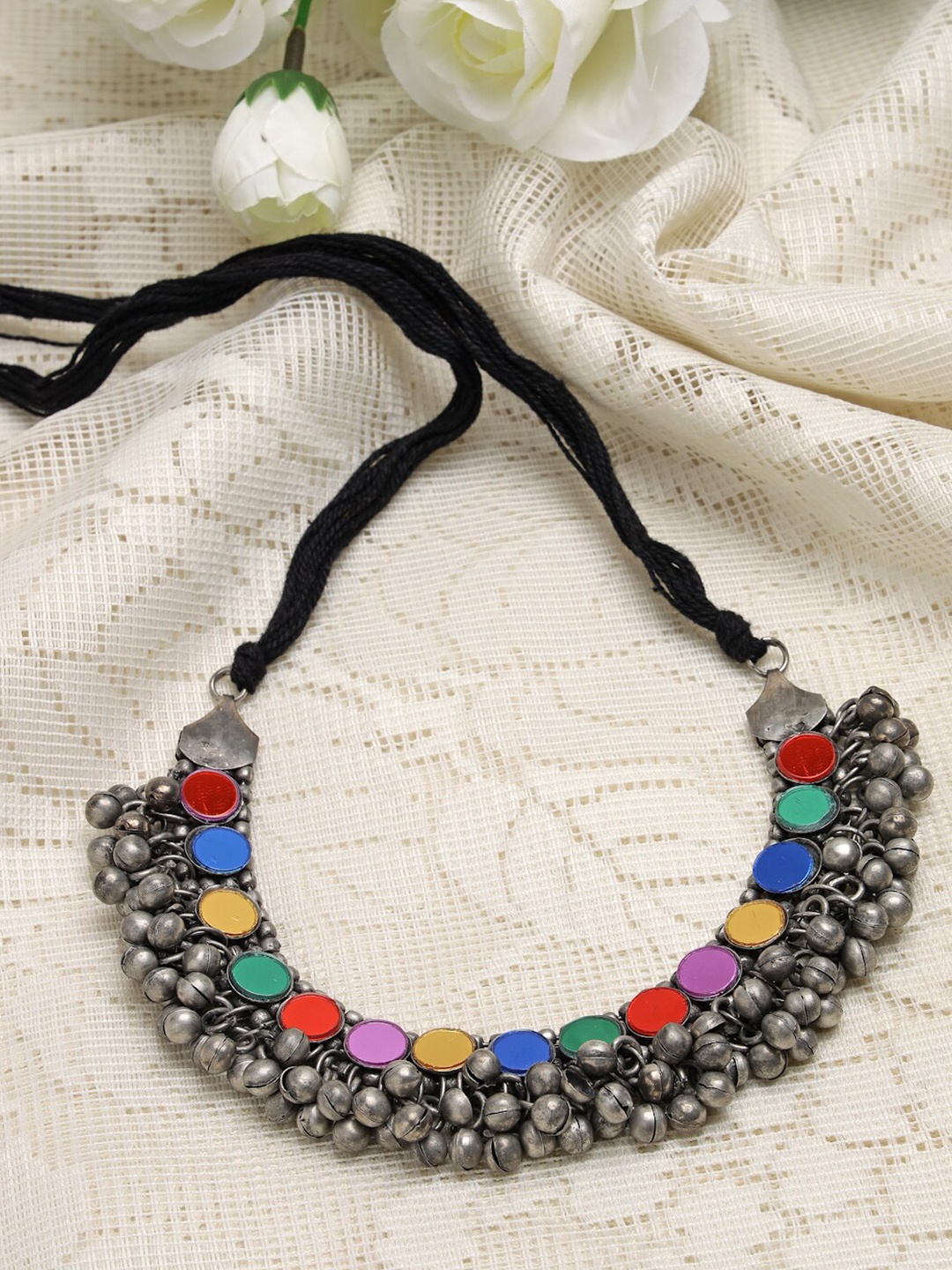 

Moedbuille Silver-Toned & Red Brass Silver-Plated Afghan Necklace